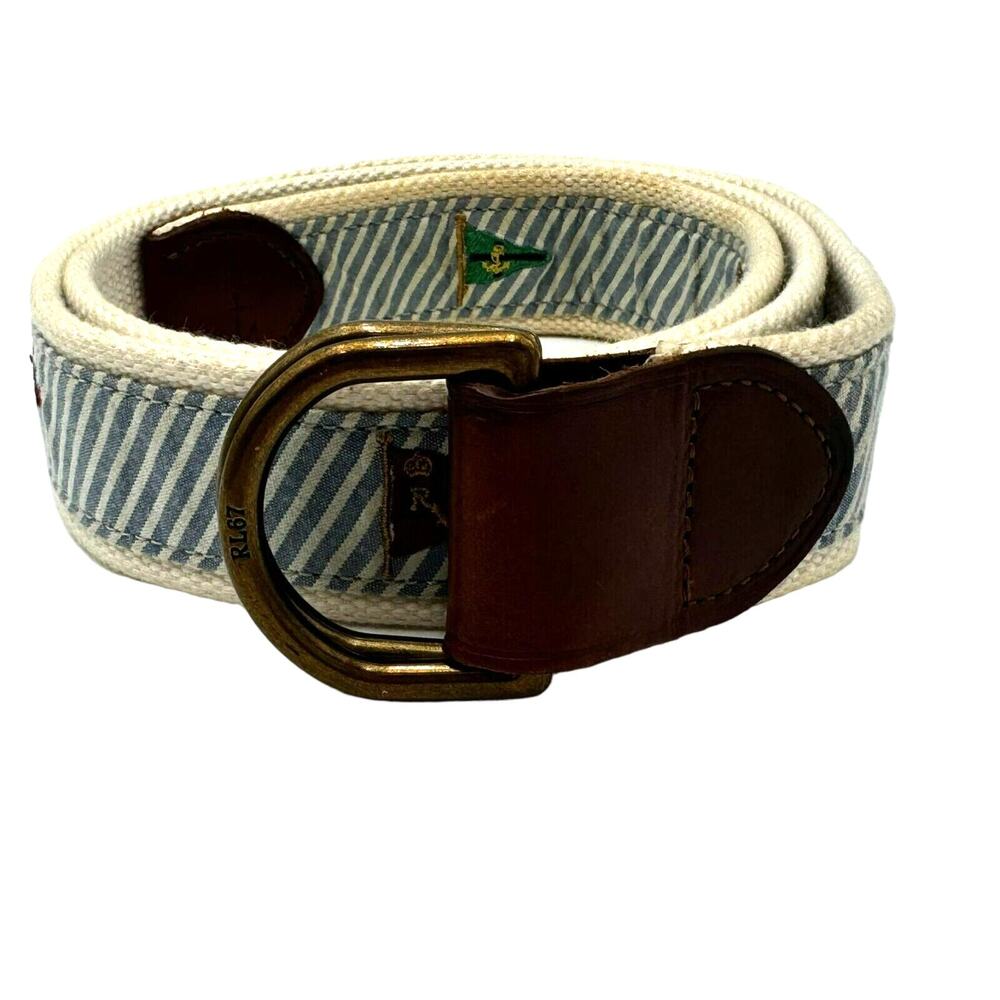 POLO RALPH LAUREN Men's Large Flag Belt Nautical yacht‎ club Embroidered Leather